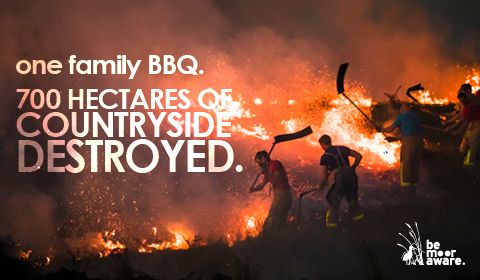 Image of burning countryside. Reads: one family BBQ. 700 Hectares of countryside destroyed.