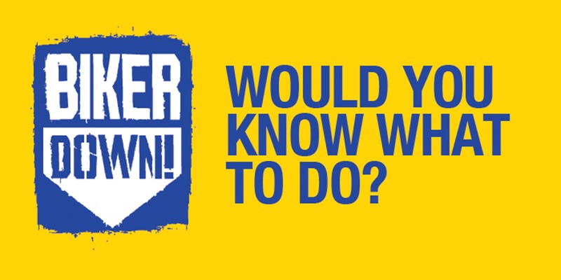 Biker Down logo. Text reads "Would you know what to do?".