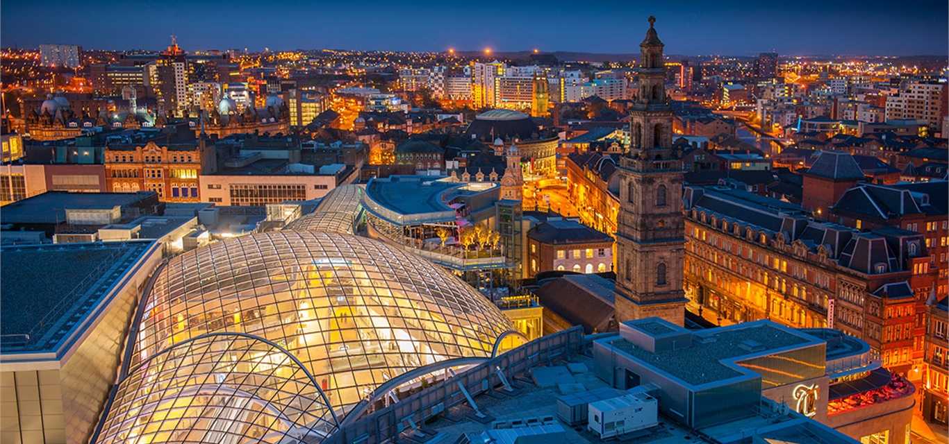 Night photograph of Leeds City Centre.