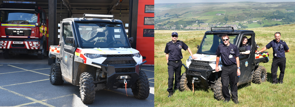 Firefighters stood with Polaris off road vehicle. 