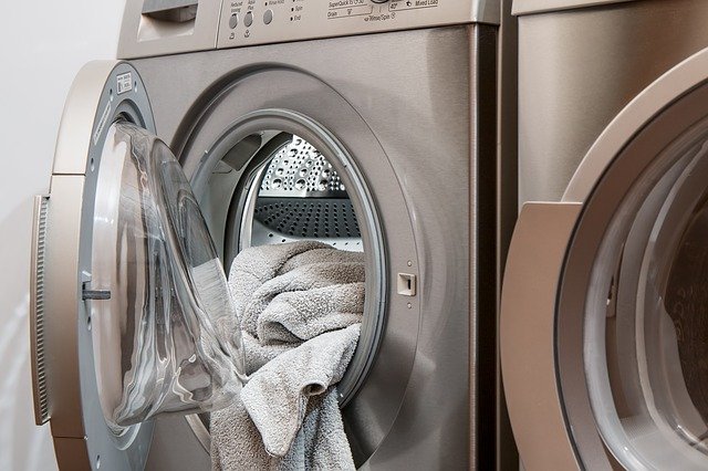Washing machine with towel inside.