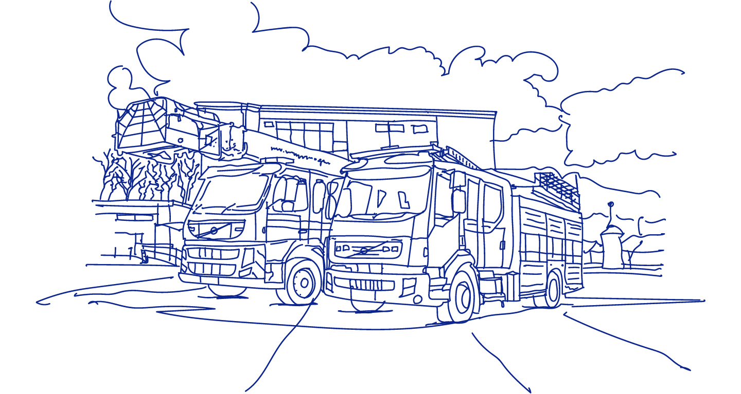 Line drawing of WYFRS fire appliances at a station.