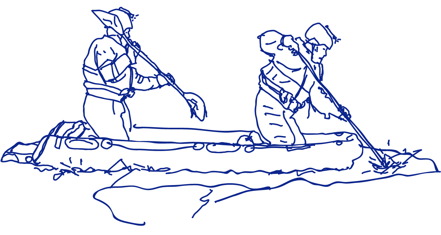 Line drawing of the WYFRS water rescue team in a canoe.