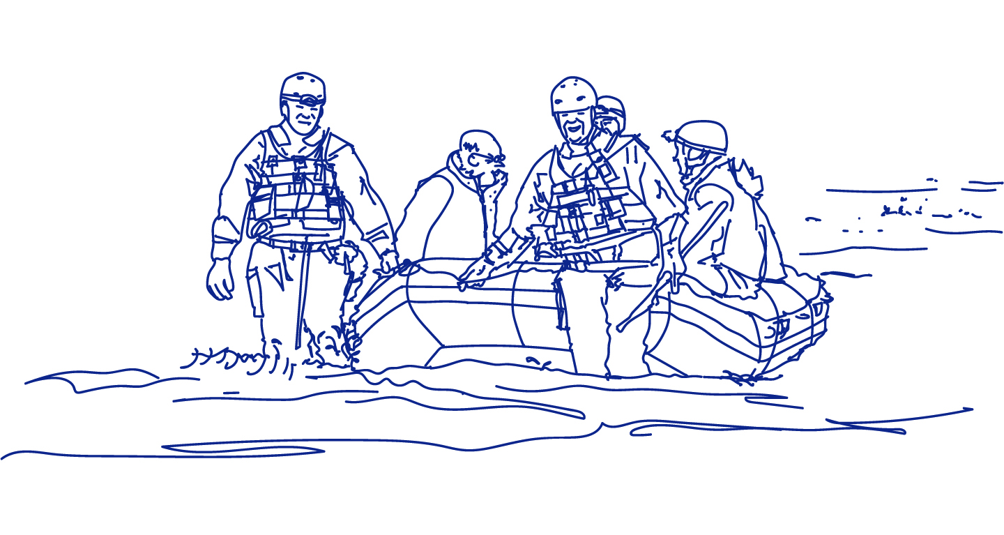 Line drawing of WYFRS crew at a water rescue.