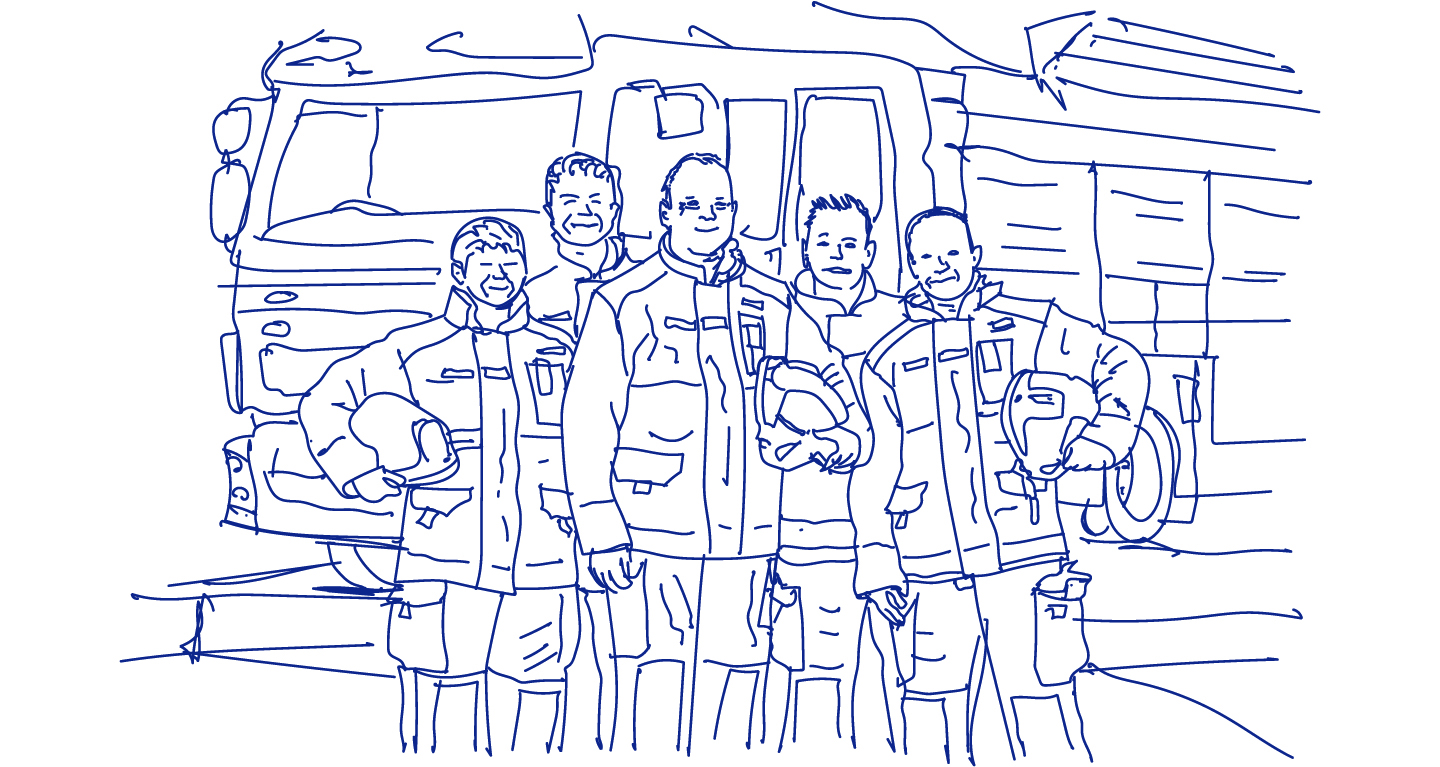 Line drawing of  staff and WYFRS fire appliances.