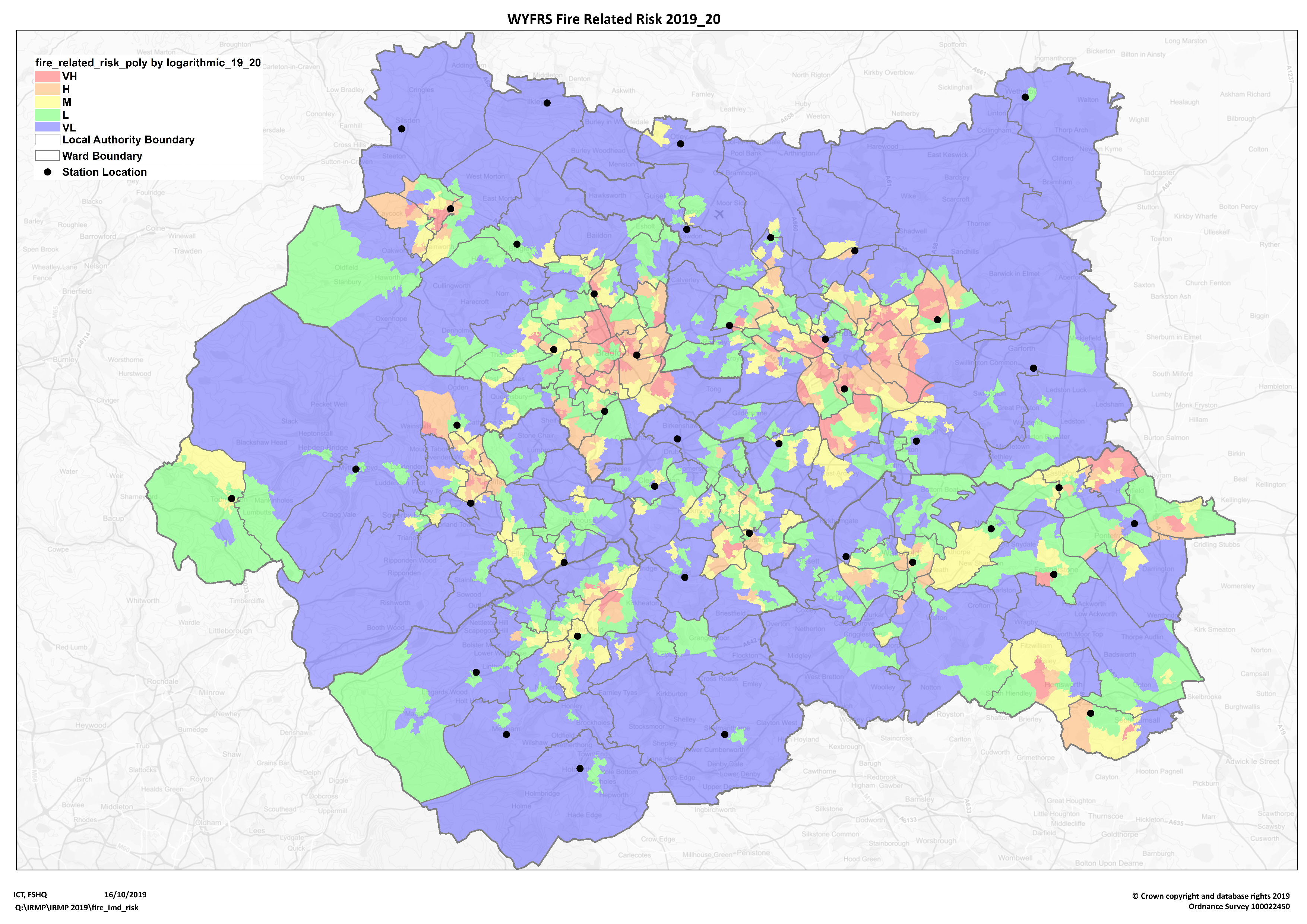 Map of West Yorkshire with risk levels colour coded.