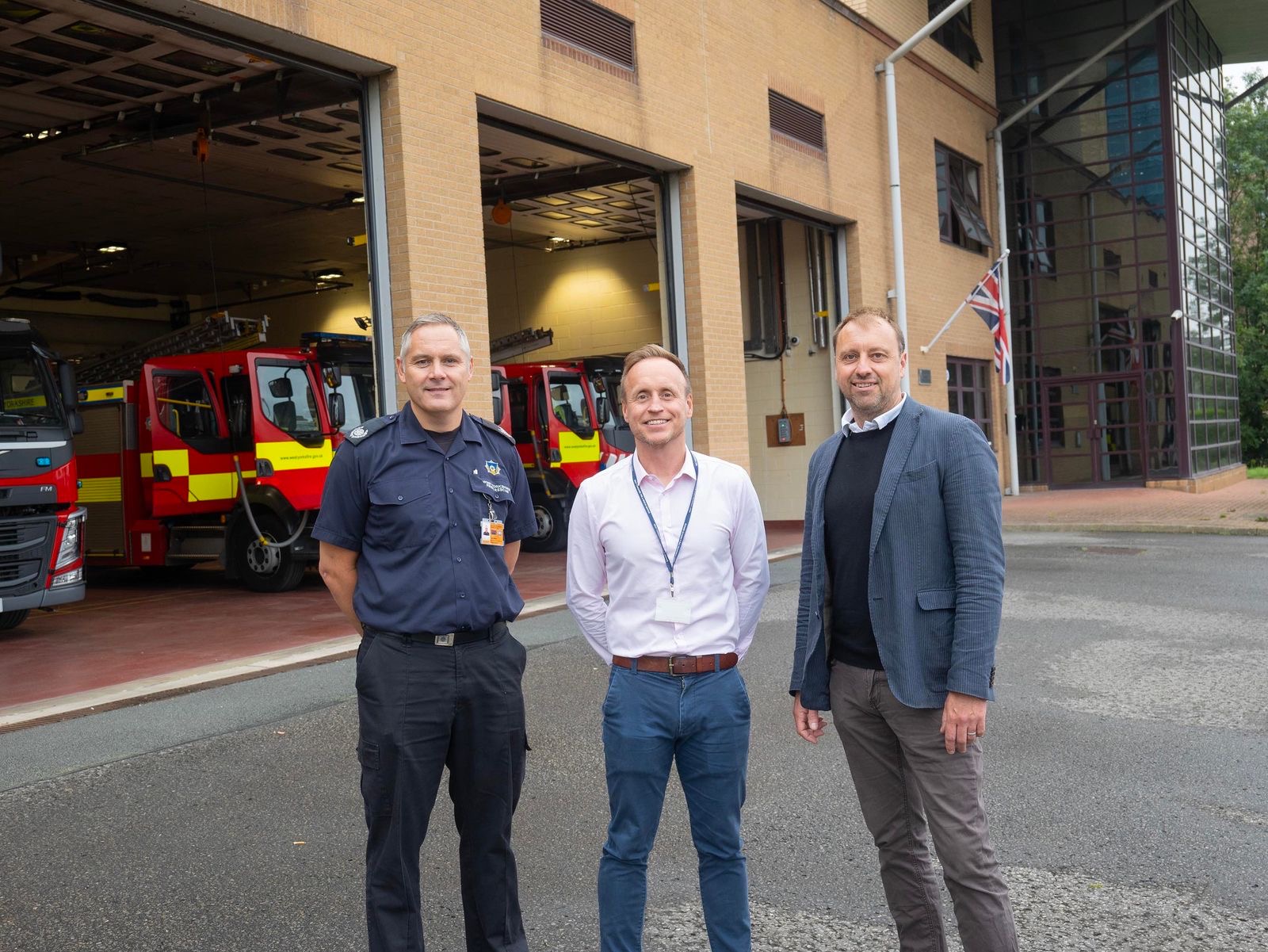 Leeds District Commander - Lee Miller, Head of Estates - Richard Young, Zest CEO - Robin Heap pictured outside Leeds Fire Station