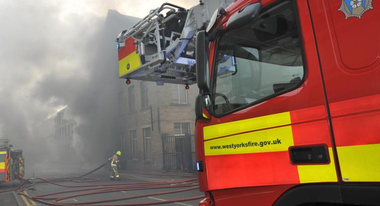 Firefighters at building fire.