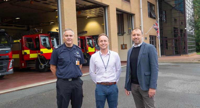 Leeds District Commander - Lee Miller, Head of Estates - Richard Young, Zest CEO - Robin Heap pictured outside Leeds Fire Station